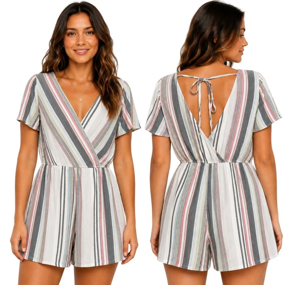 Altar'd State Romper Womens Medium Multi-Color Striped Flutter Sleeve Open Back